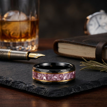8MM Hammered Tungsten Ring with Pink Morganite Inlay