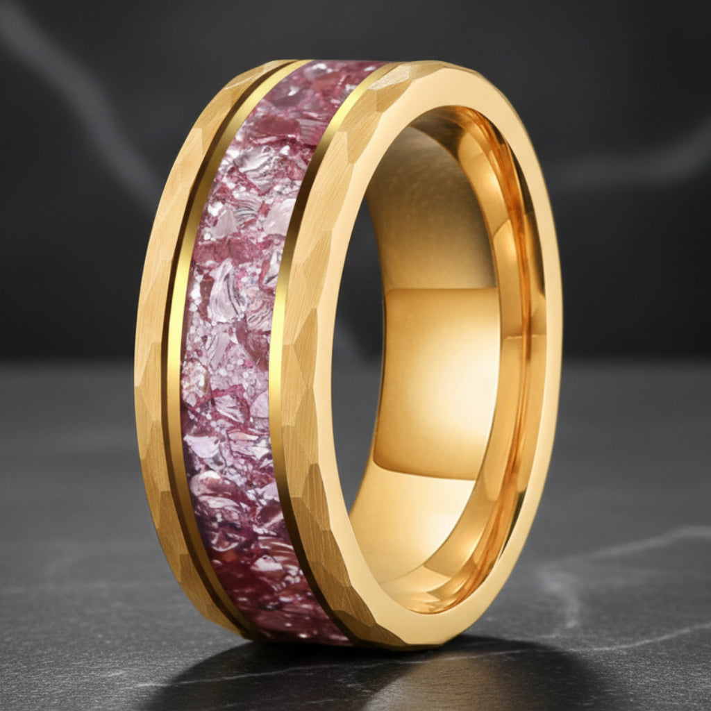 8MM Hammered Tungsten Ring with Pink Morganite Inlay