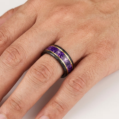 8MM Hammered Tungsten Ring with Purple Crystal Inlay