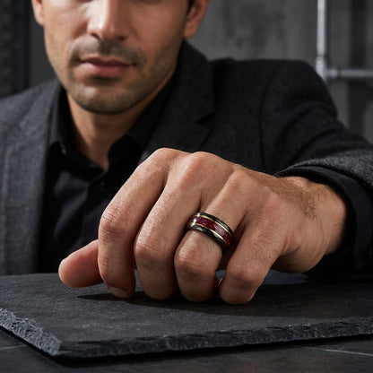 8MM Hammered Tungsten Ring with Red Crystal Inlay