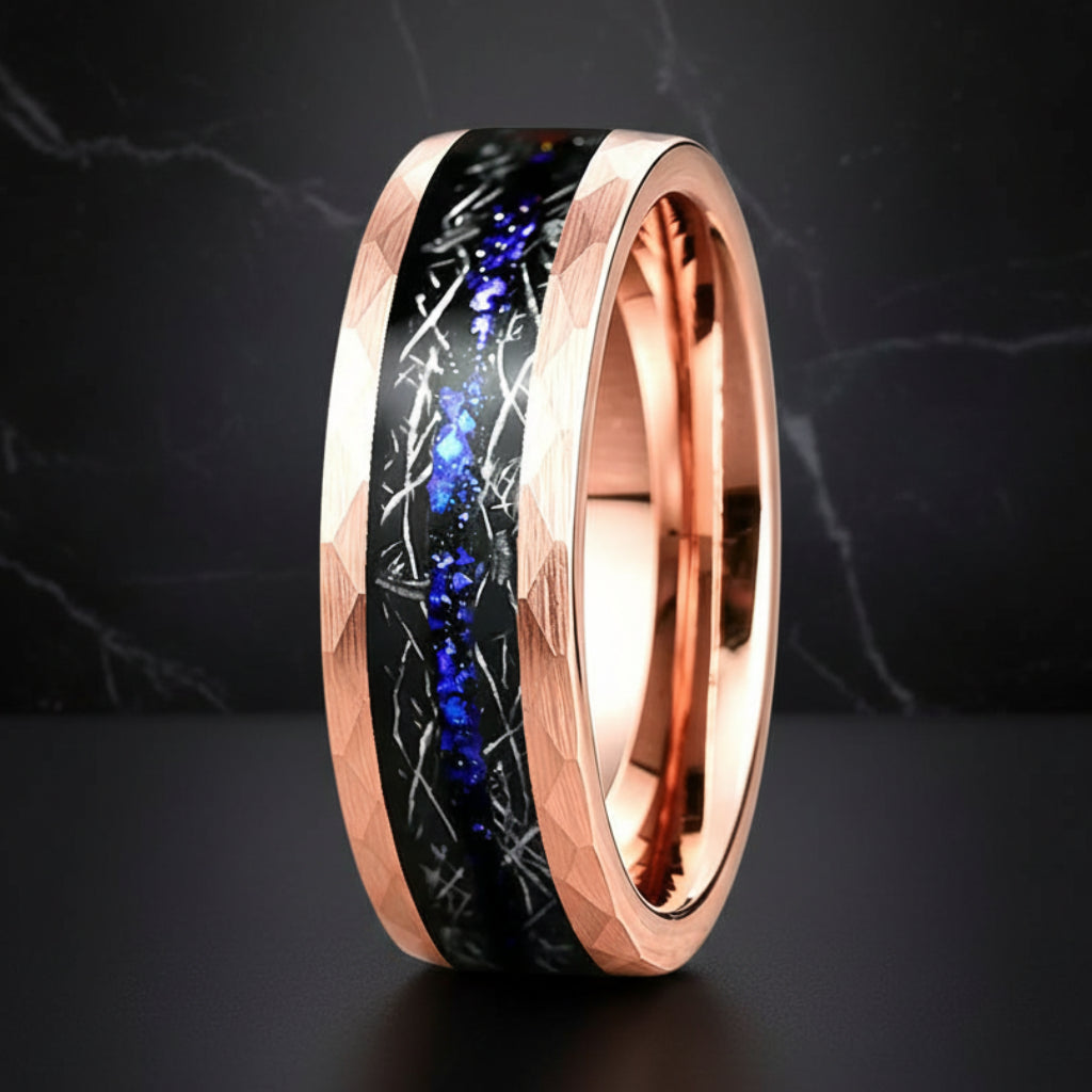 8MM Hammered Tungsten Ring with Meteorite & Blue Opal Inlay