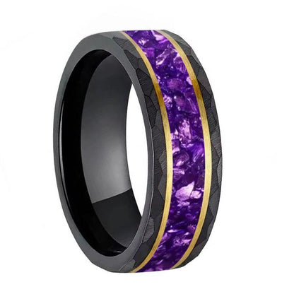 8MM Hammered Tungsten Ring with Purple Crystal Inlay