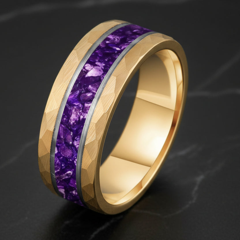 8MM Hammered Tungsten Ring with Purple Crystal Inlay