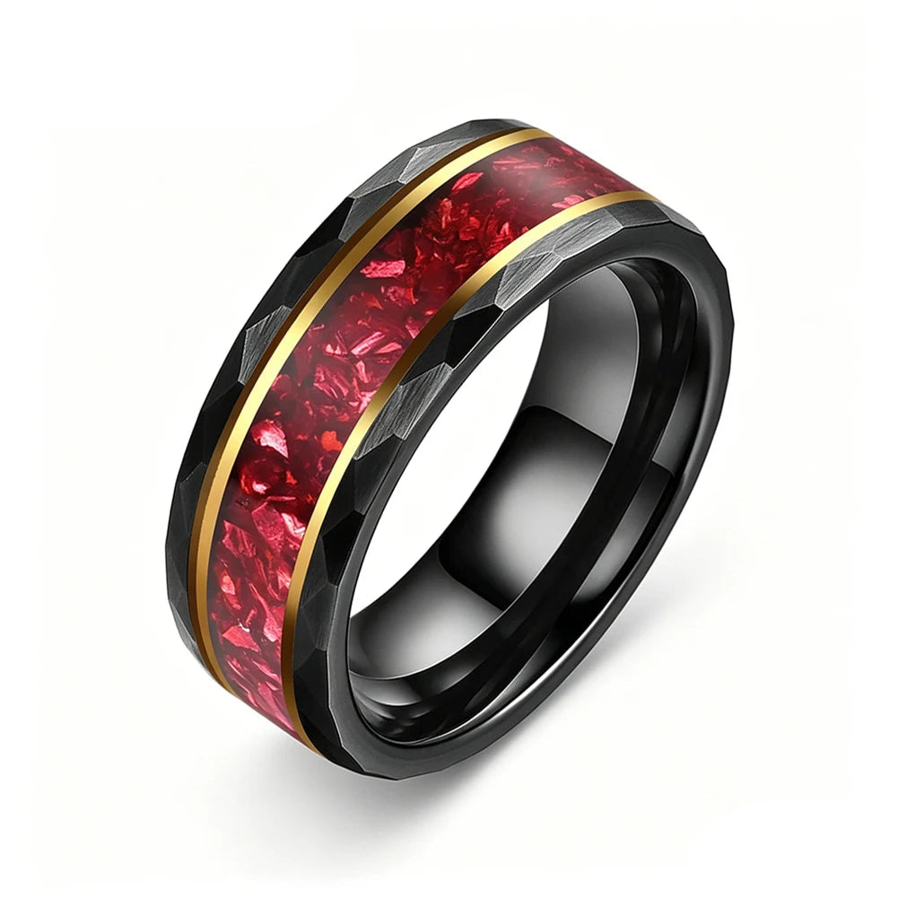 8MM Hammered Tungsten Ring with Red Crystal Inlay