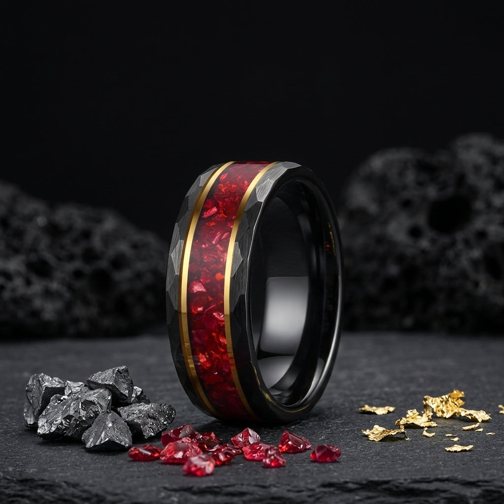 8MM Hammered Tungsten Ring with Red Crystal Inlay