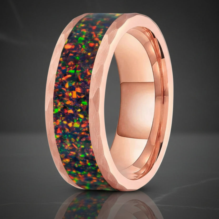 8MM Hammered Tungsten Ring with Fire Opal Inlay