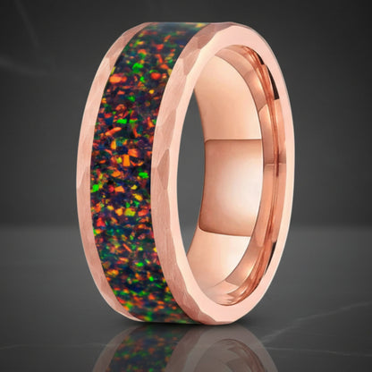 8MM Hammered Tungsten Ring with Fire Opal Inlay