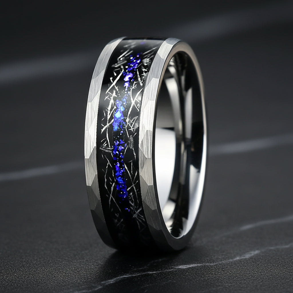 8MM Hammered Tungsten Ring with Meteorite & Blue Opal Inlay