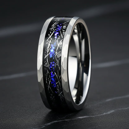 8MM Hammered Tungsten Ring with Meteorite & Blue Opal Inlay