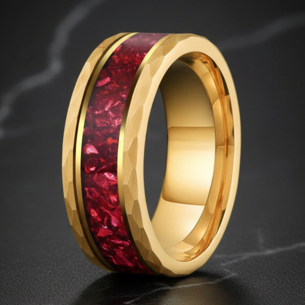 8MM Hammered Tungsten Ring with Red Crystal Inlay