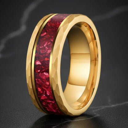 8MM Hammered Tungsten Ring with Red Crystal Inlay