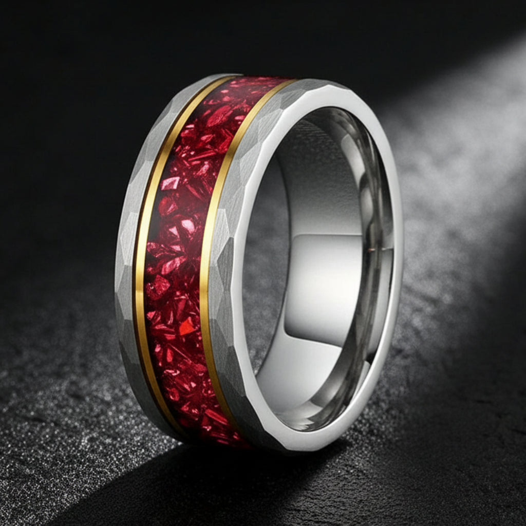 8MM Hammered Tungsten Ring with Red Crystal Inlay
