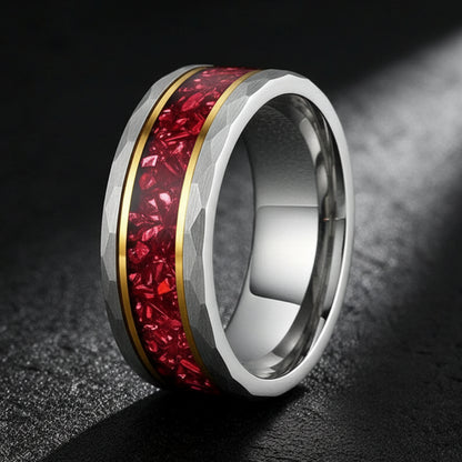 8MM Hammered Tungsten Ring with Red Crystal Inlay