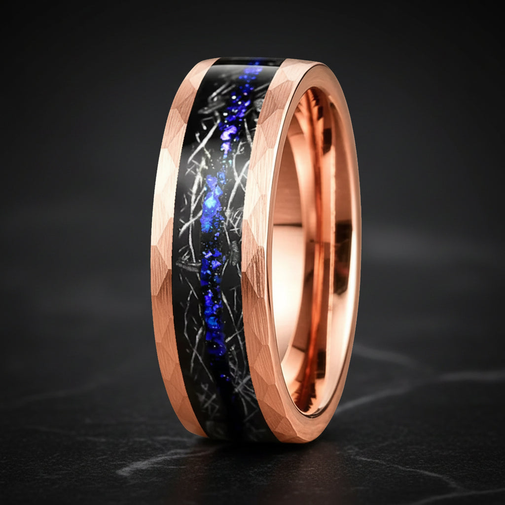 8MM Hammered Tungsten Ring with Meteorite & Blue Opal Inlay