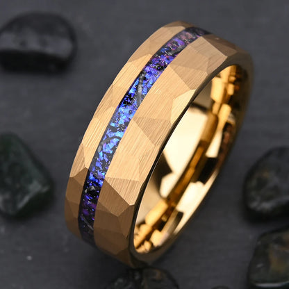 8MM Hammered Tungsten Ring with Blue & Purple Opal Inlay