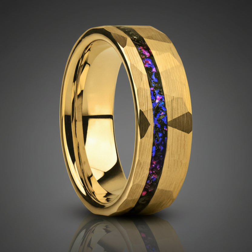 8MM Hammered Tungsten Ring with Blue & Purple Opal Inlay