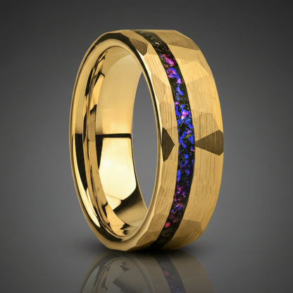 8MM Hammered Tungsten Ring with Blue & Purple Opal Inlay