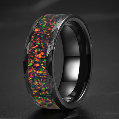 8MM Hammered Tungsten Ring with Fire Opal Inlay