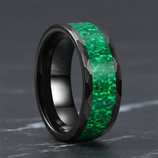 8MM Hammered Tungsten Ring with Green Opal Inlay