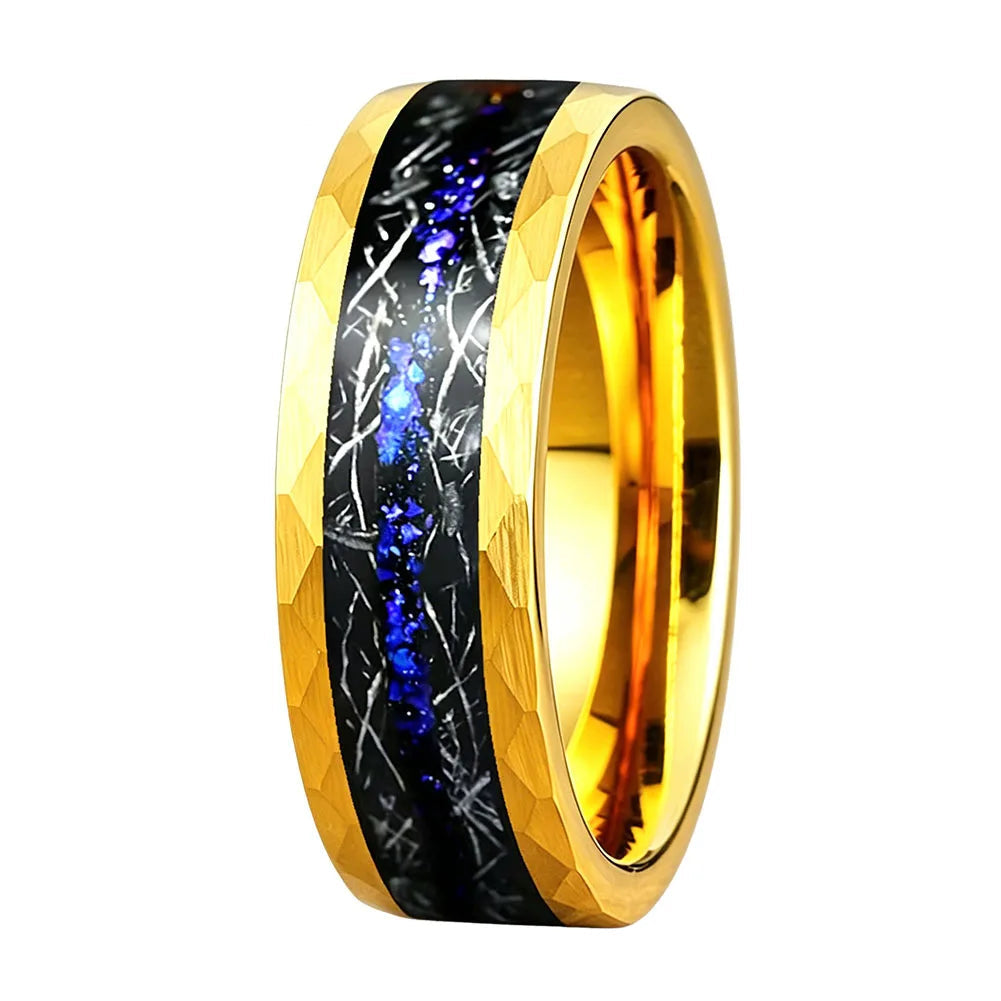 8MM Hammered Tungsten Ring with Meteorite & Blue Opal Inlay