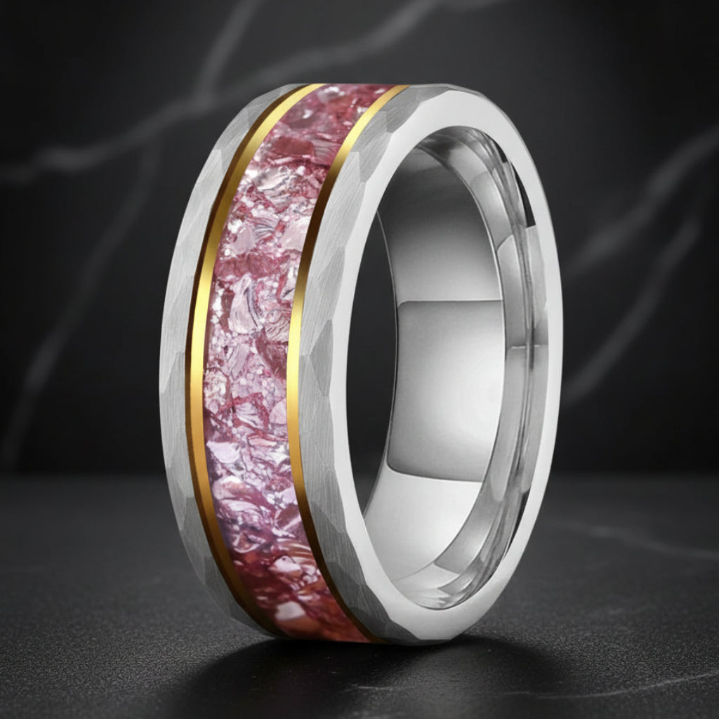 8MM Hammered Tungsten Ring with Pink Morganite Inlay