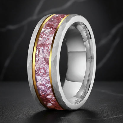 8MM Hammered Tungsten Ring with Pink Morganite Inlay