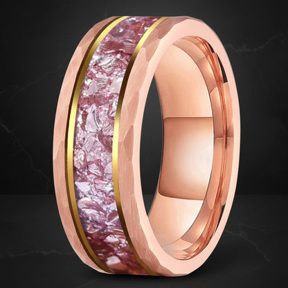8MM Hammered Tungsten Ring with Pink Morganite Inlay