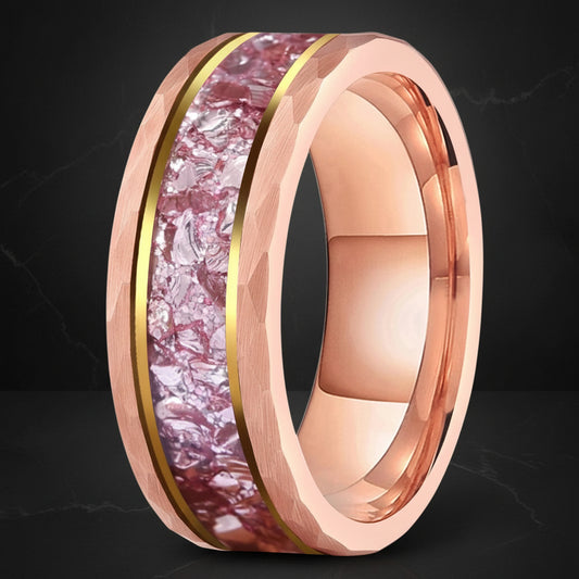 8MM Hammered Tungsten Ring with Pink Morganite Inlay