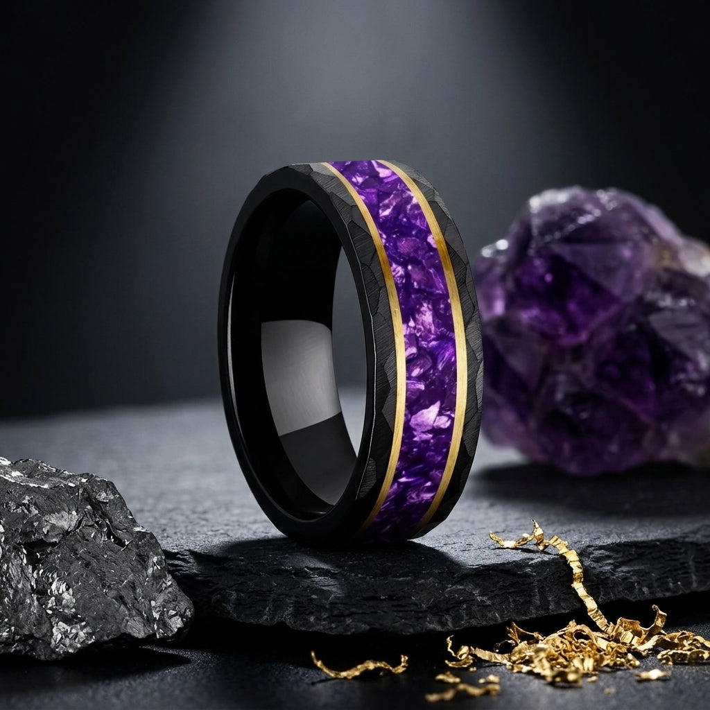 8MM Hammered Tungsten Ring with Purple Crystal Inlay