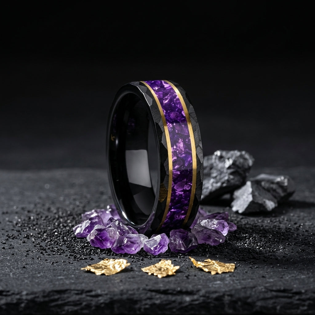 8MM Hammered Tungsten Ring with Purple Crystal Inlay