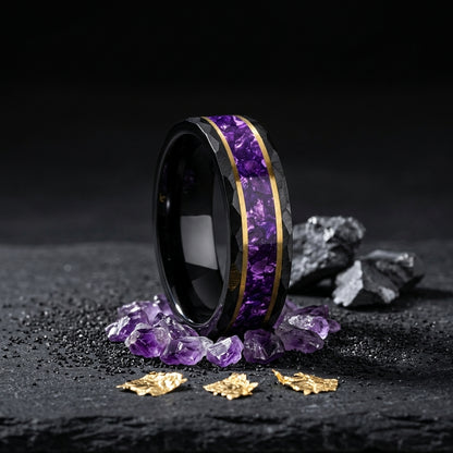 8MM Hammered Tungsten Ring with Purple Crystal Inlay
