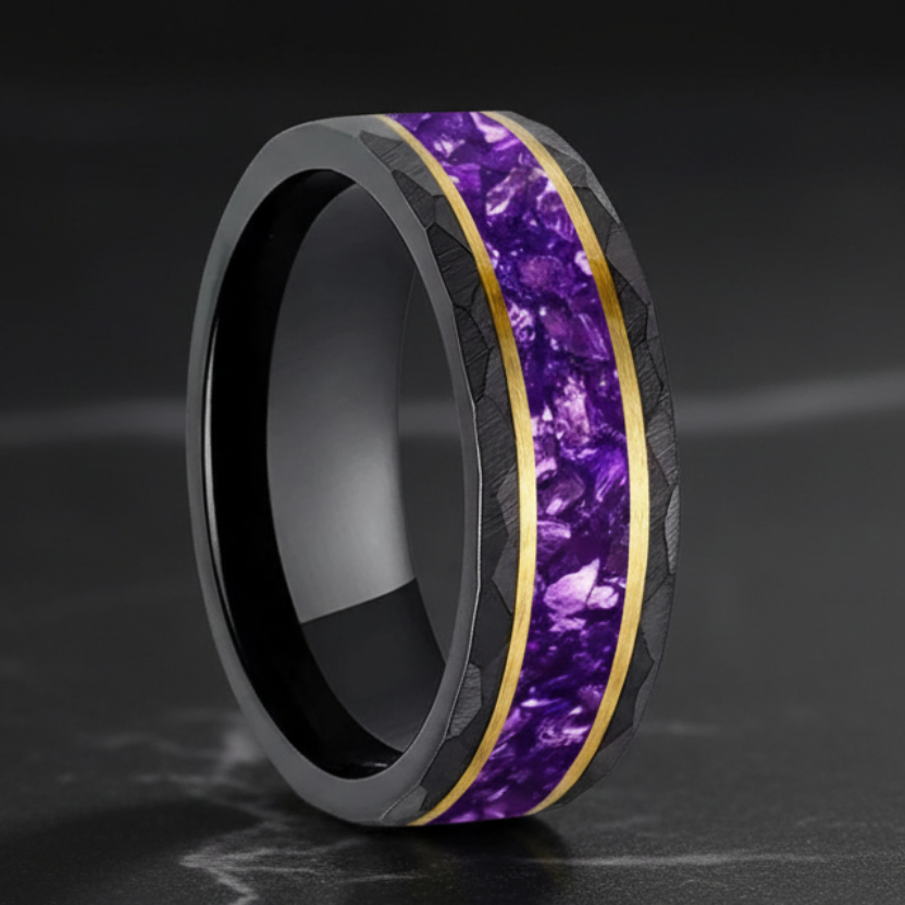 8MM Hammered Tungsten Ring with Purple Crystal Inlay
