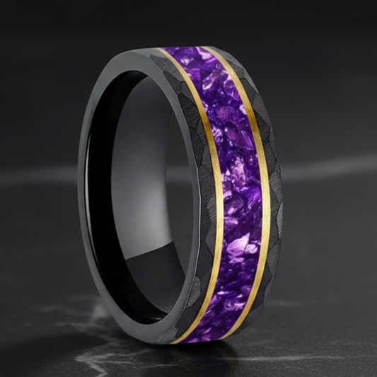8MM Hammered Tungsten Ring with Purple Crystal Inlay
