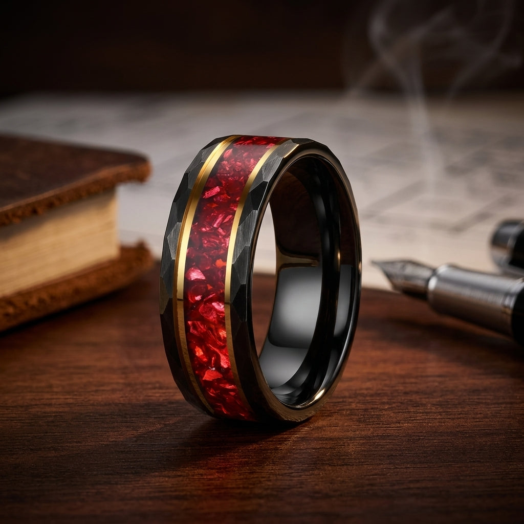 8MM Hammered Tungsten Ring with Red Crystal Inlay