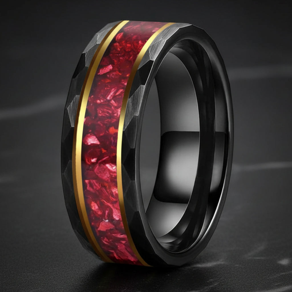 8MM Hammered Tungsten Ring with Red Crystal Inlay