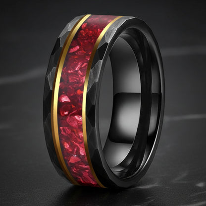 8MM Hammered Tungsten Ring with Red Crystal Inlay