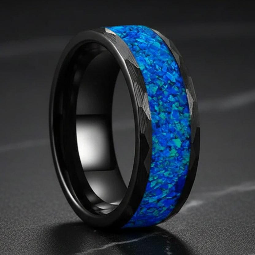 8MM Hammered Tungsten Wedding Band with Green Opal Inlay