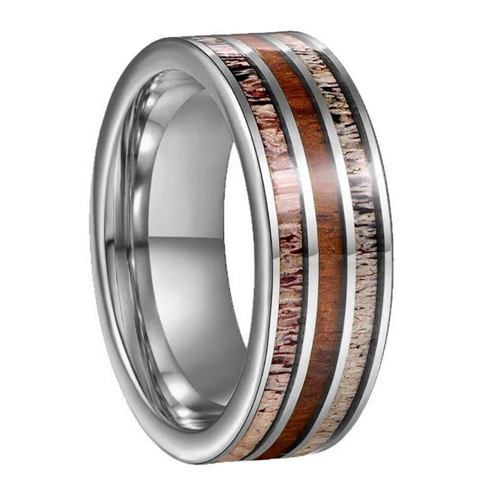 8MM Koa Wood & Deer Antler Tungsten Wedding Band