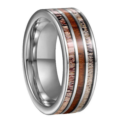 8MM Koa Wood & Deer Antler Tungsten Wedding Band
