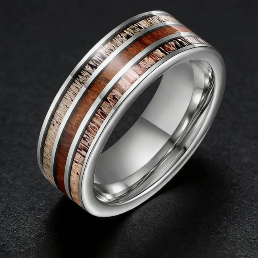 8MM Koa Wood & Deer Antler Tungsten Wedding Band