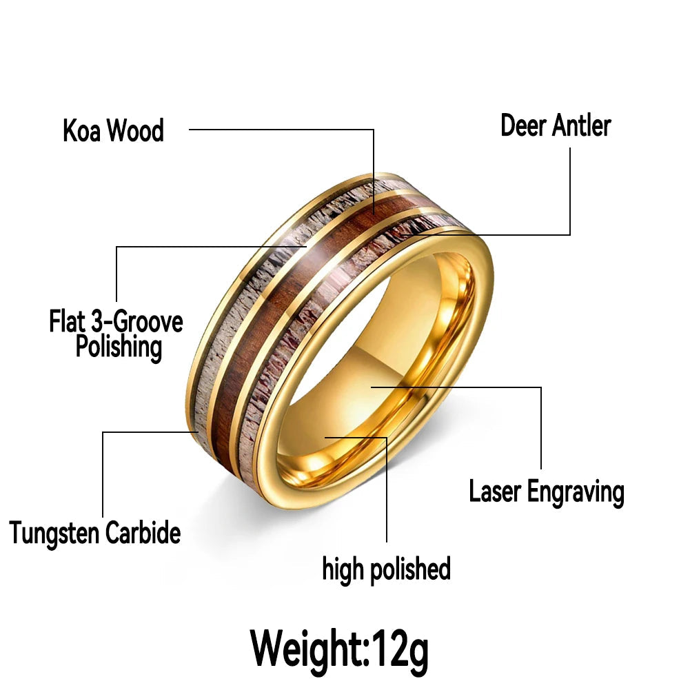 8MM Koa Wood & Deer Antler Tungsten Wedding Band