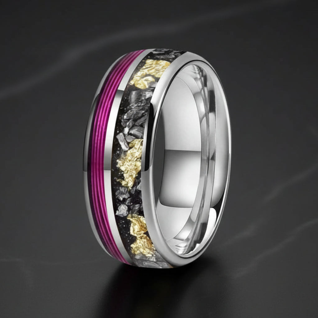 8MM Meteorite & Purple Guitar String Tungsten Wedding Band