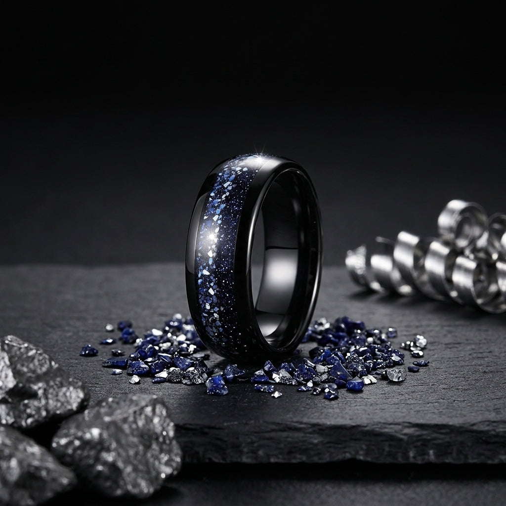 8MM Nebula Blue Sandstone Tungsten Wedding Band