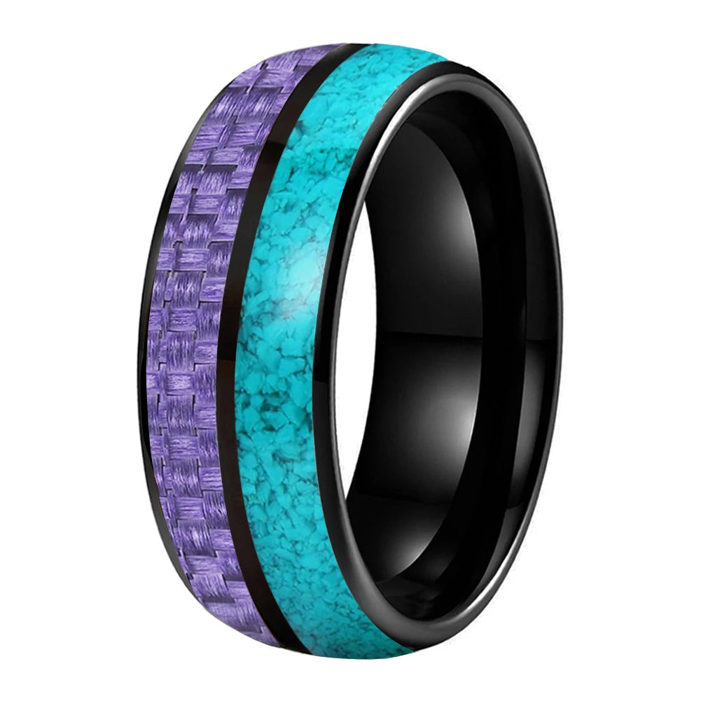 8MM Tungsten Ring with Purple Carbon Fiber & Turquoise