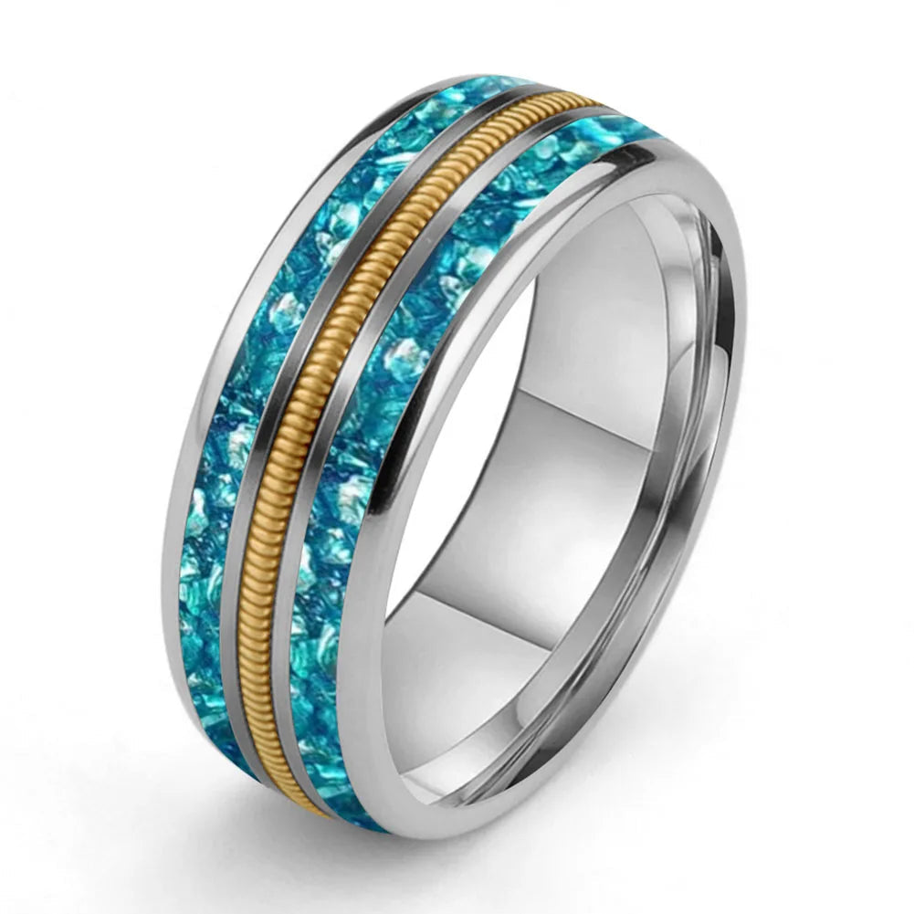 8MM Tungsten Ring with Blue Crystal & Guitar String Inlay