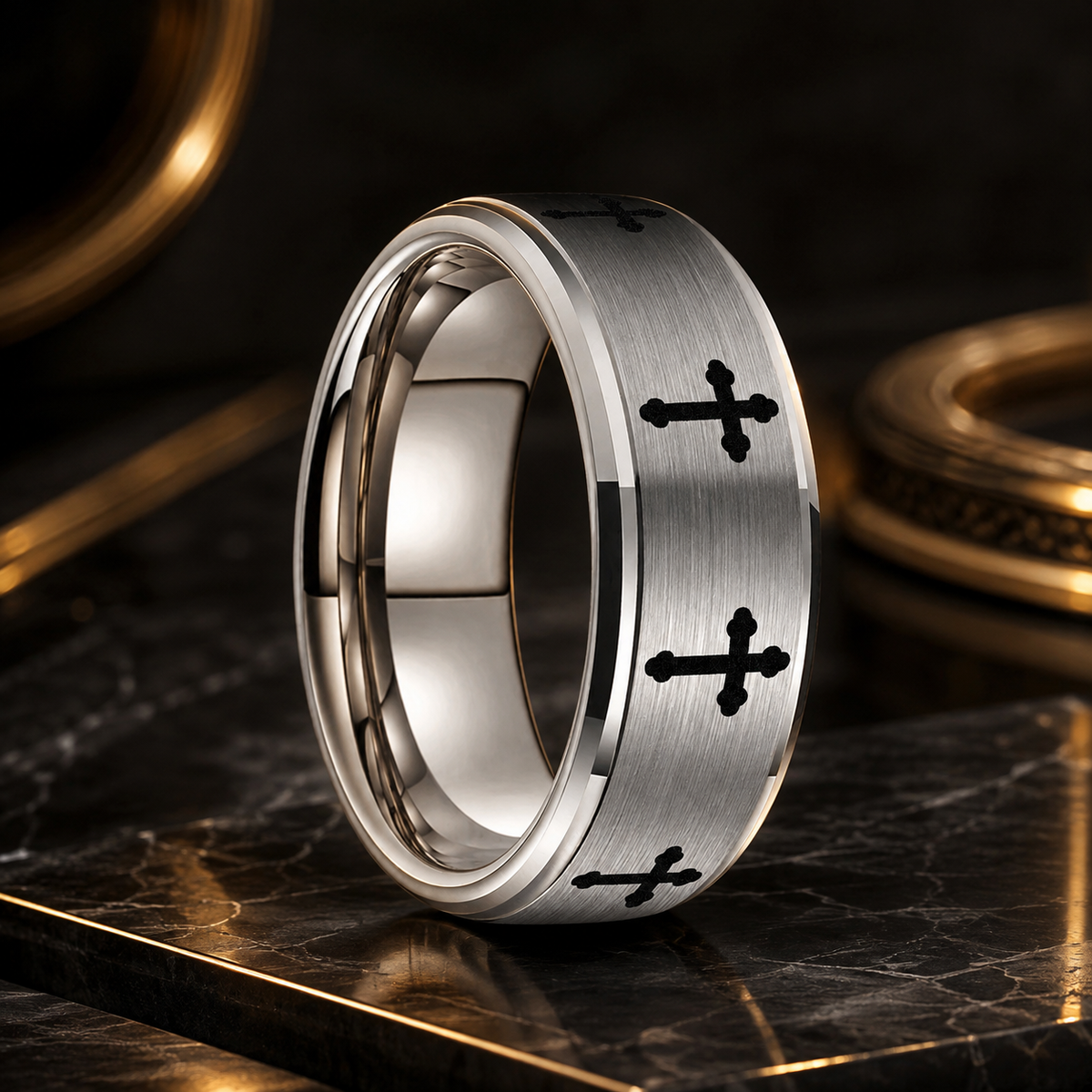 8MM Tungsten Cross Ring with Lord’s Prayer