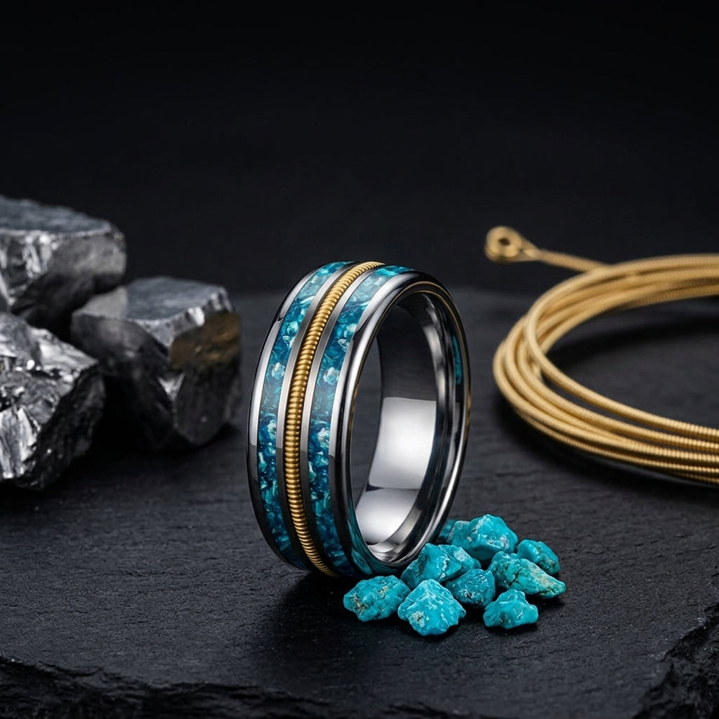 8MM Tungsten Ring with Blue Crystal & Guitar String Inlay