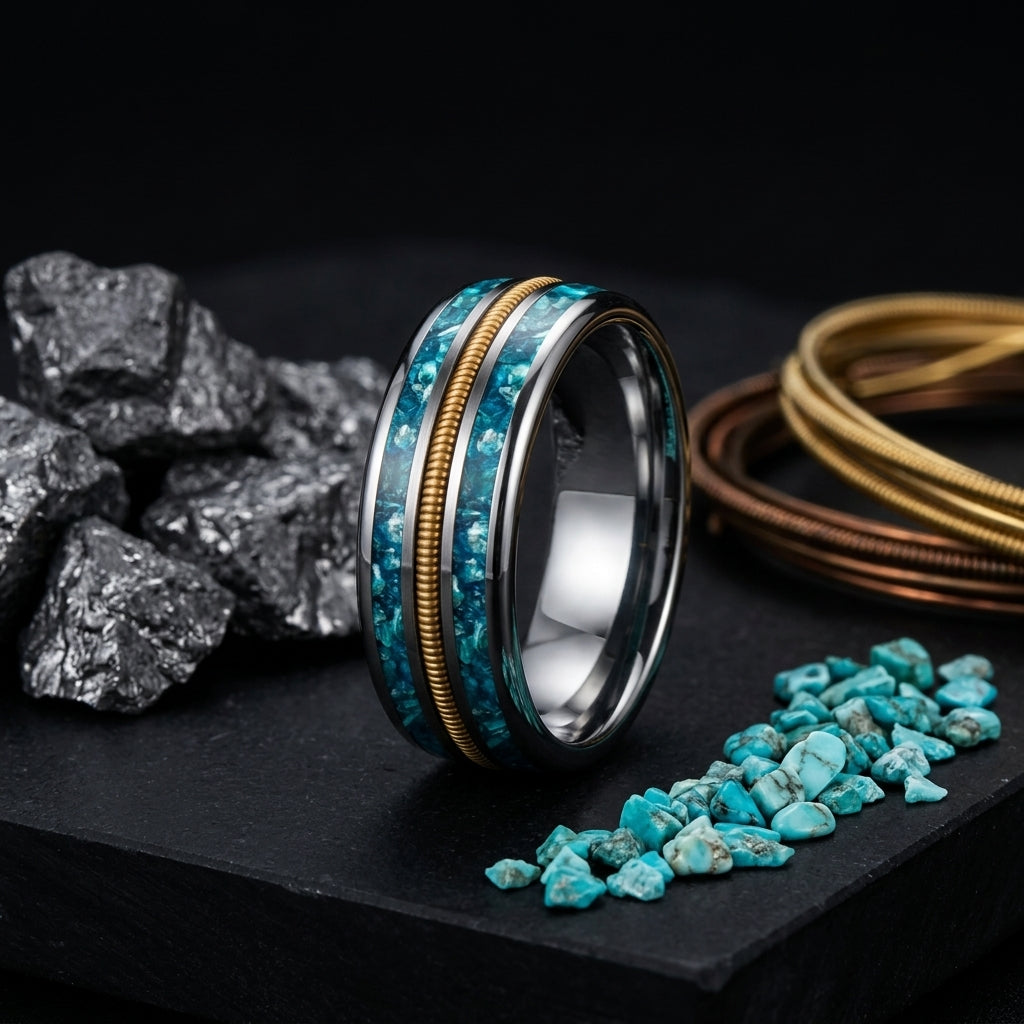 8MM Tungsten Ring with Blue Crystal & Guitar String Inlay