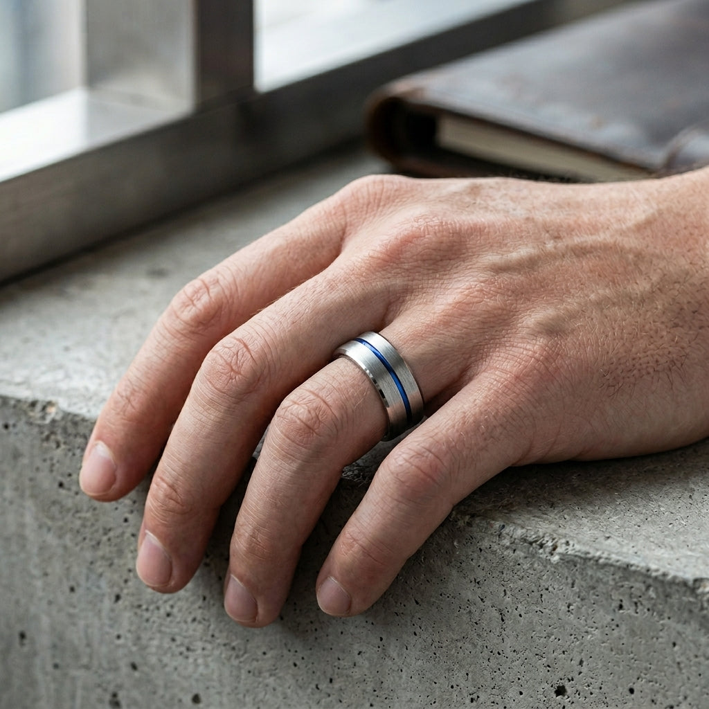 8MM Tungsten Ring with Blue Center Line & Beveled Edges