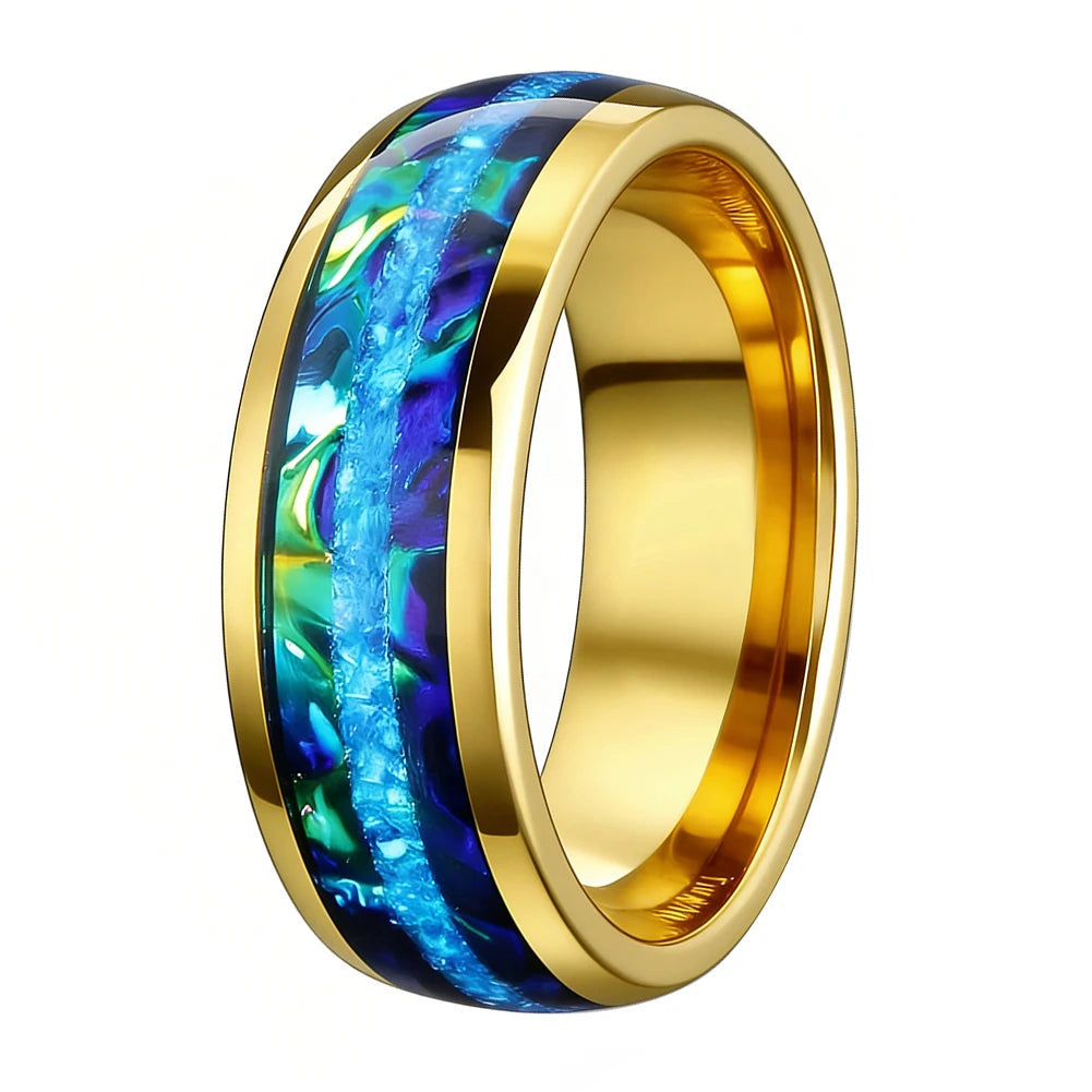 8MM Tungsten Ring with Blue Opal & Dragon Burl Inlay